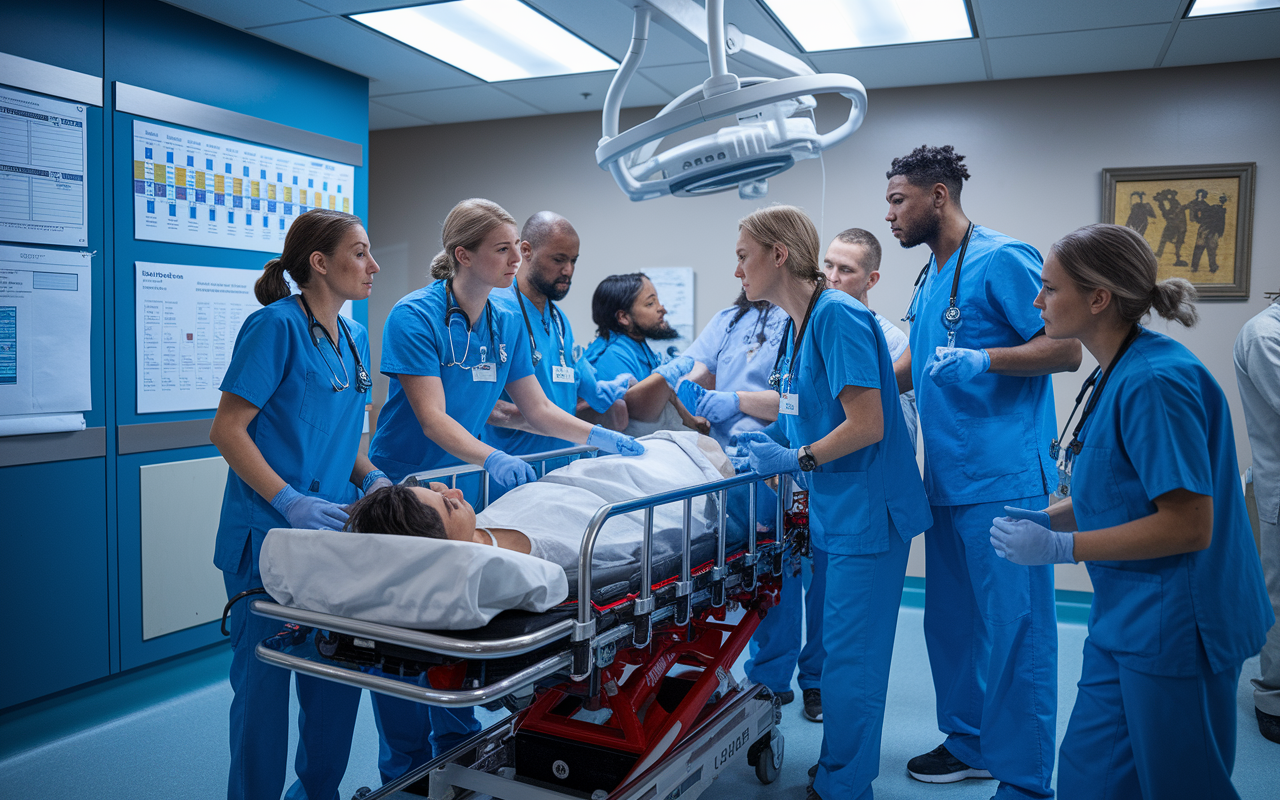 An emergency room scene showcasing a diverse team of healthcare providers in action, responding to a high-pressure situation. The medics display attributes of teamwork and clinical skill as they work around a patient on a stretcher. Charts and protocols are visible in the background, hinting at quality improvement projects. Dramatic overhead lighting creates an intense atmosphere, embodying the urgency and collaboration inherent in emergency medicine.