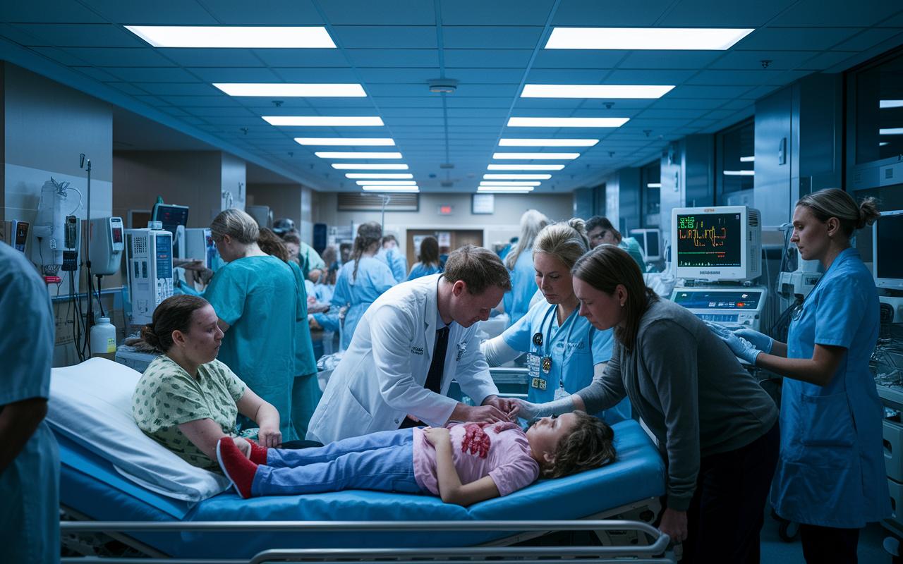 A busy hospital emergency room scene, filled with medical professionals in scrubs and lab coats attending to patients. A doctor is seen performing triage on a young patient with a concerned parent by their side. In the background, a nurse is administering treatment to another patient, while medical equipment and monitors beep rhythmically. The atmosphere is intense and focused, with bright overhead lights casting a stark glow on the scene, highlighting the urgency of clinical care in a high-stakes environment.