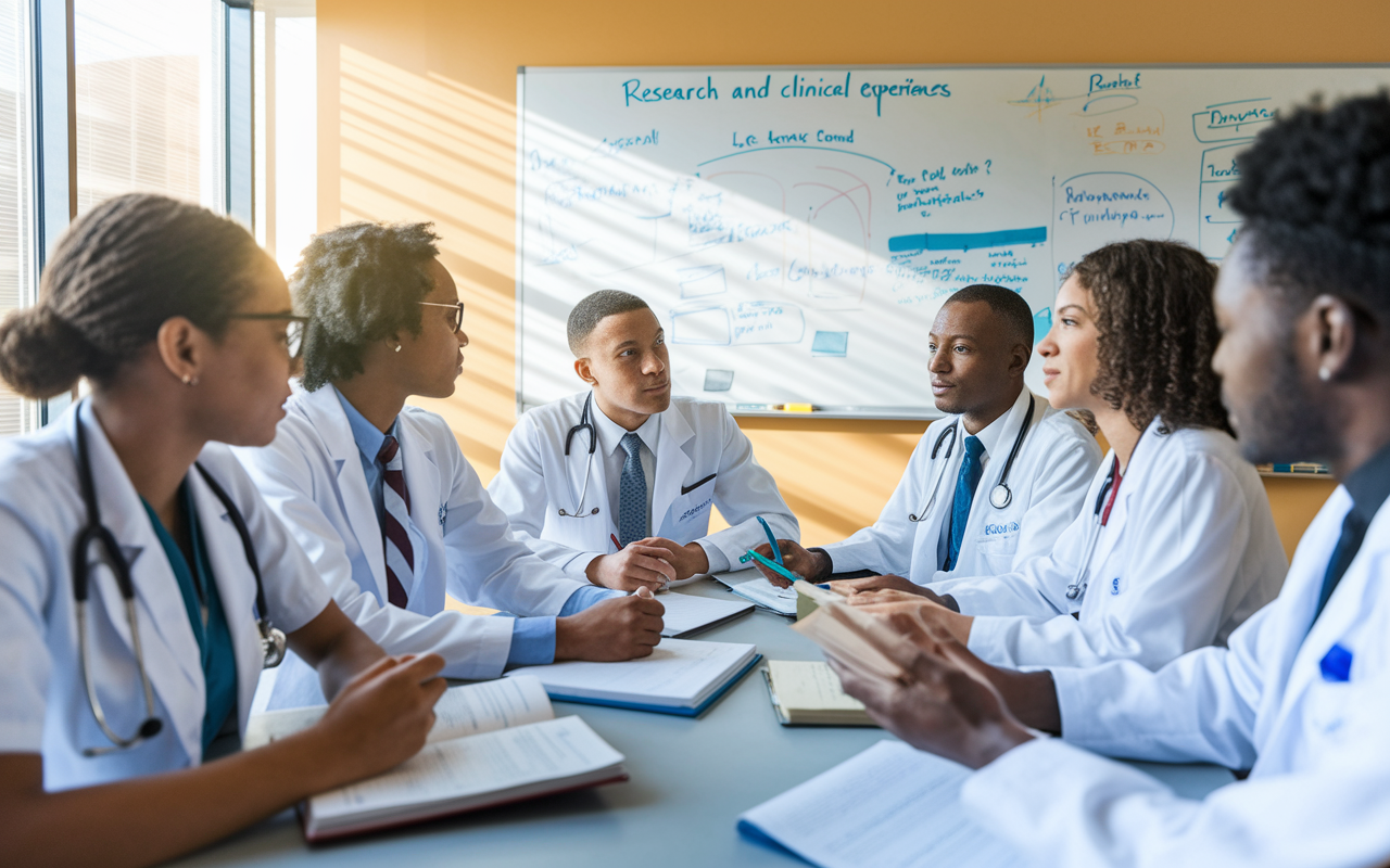 A diverse group of medical students sitting around a table in a study room, engaged in a discussion about research and clinical experiences. A whiteboard filled with notes, diagrams, and brainstorming ideas in the background. Each student appears focused and determined, with books and clinical notes scattered on the table. Natural light streaming through the windows creates a warm, motivating atmosphere, symbolizing collaboration and the pursuit of knowledge in the journey toward residency.