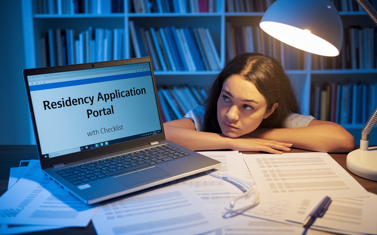 An open laptop displaying a residency application portal, with documents and a checklist beside it. A student looks thoughtfully at the screen, surrounded by papers filled with research and clinical experiences. The warm glow of a desk lamp adds a sense of focus and determination to the room. The backdrop shows a bookshelf filled with medical textbooks and resources, symbolizing the journey of preparing for residency applications and the importance of balancing research and clinical experiences.