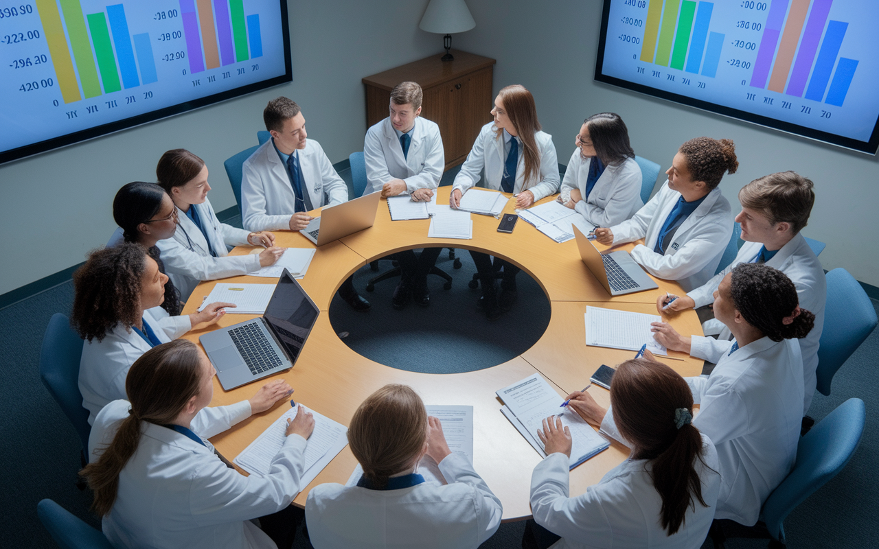 A dynamic scene of a diverse group of medical students in a discussion around a circular table in a clinical research meeting room. Papers and laptops are scattered across the table, with colorful charts and data presentations projected on a screen. Students appear engaged, taking notes, and asking questions, highlighting a collaborative and intellectually stimulating environment. Soft overhead lighting enhances the atmosphere of focus and teamwork.