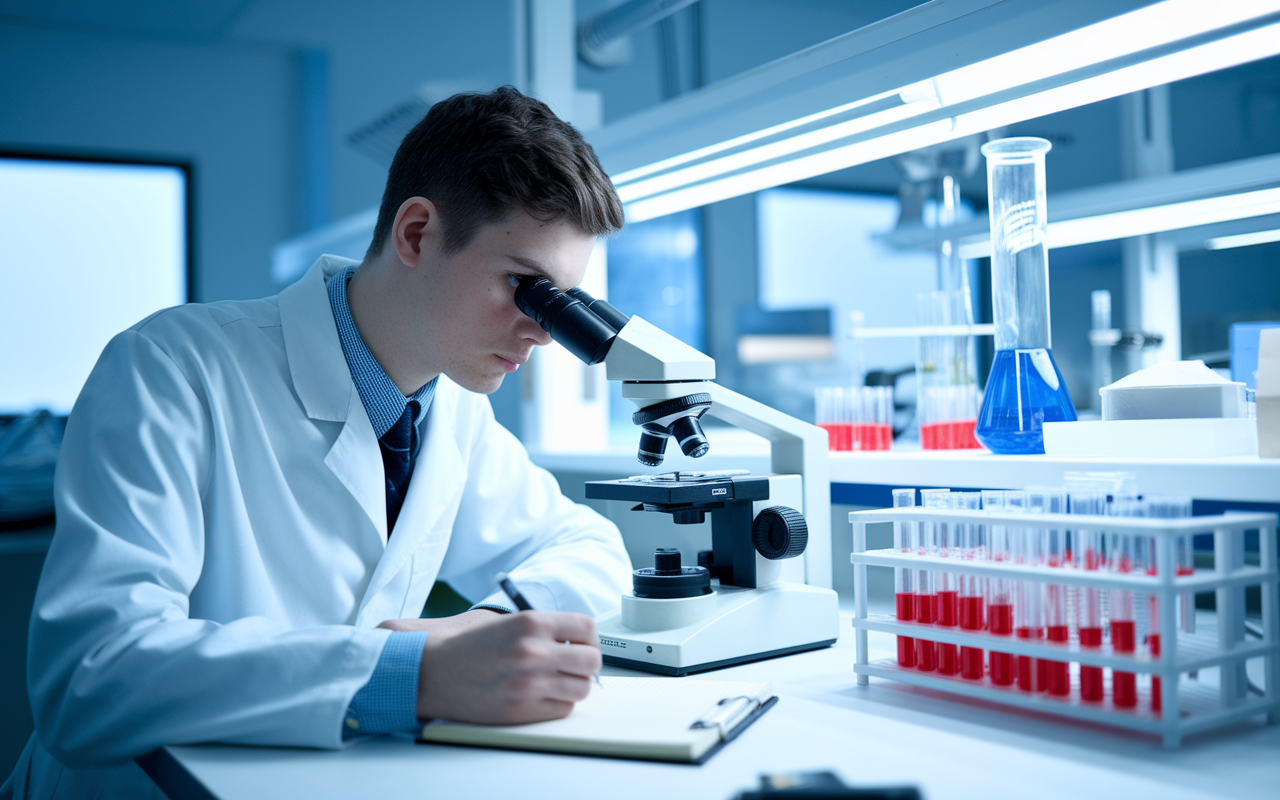 A focused medical student in a lab coat, working meticulously at a laboratory bench filled with advanced genetic testing equipment. The student is using a microscope, taking meticulous notes while surrounded by test tubes and scientific literature. The lab is well-equipped, with bright fluorescent lights illuminating the sterile environment, showcasing the intricate details of the research process.