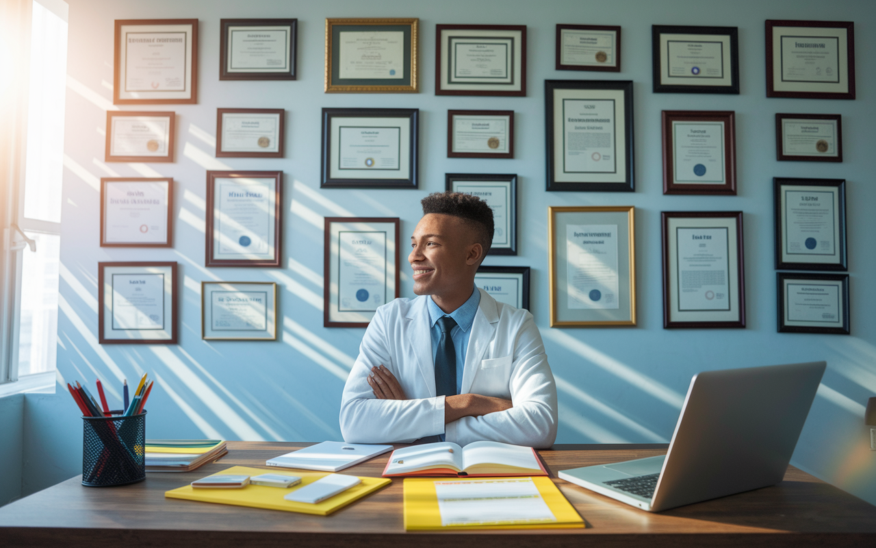 A creative scene showcasing a confident medical student sitting at a desk with their residency application materials, which are neatly arranged with highlight notes and a glowing laptop. A wall behind them filled with framed certificates, research publications, and letters of recommendation. Natural light streaming through a window casts a warm glow, highlighting the student's pride and determination as they prepare for the next stage of their medical career.