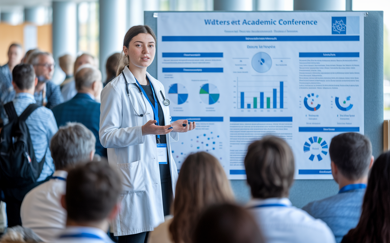 A medical student presenting research findings at a vibrant academic conference. A large poster display in the background showcasing graphs and charts, while an engaged audience listens intently. The atmosphere is filled with a blend of curiosity and collaboration, with networking interactions happening around, creating a sense of community and shared passion for medical research.