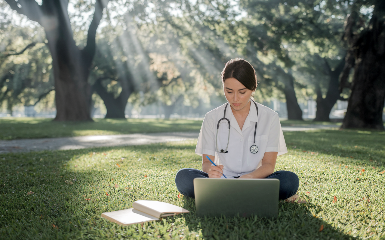 A meditative scene of a medical student sitting in a quiet park, surrounded by trees, reflecting on their research journey with a laptop open in front of them. Sunlight filters through the leaves, creating a tranquil ambiance. The student is jotting down thoughts in a journal, with a look of determination and contemplation, symbolizing personal growth and understanding in their path to residency.