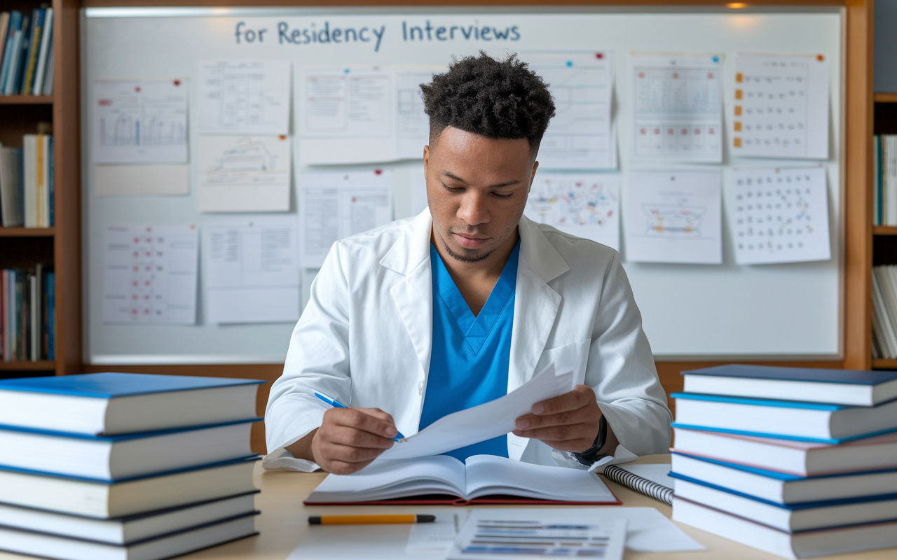 A focused medical student in a well-lit study room, surrounded by books and research notes, preparing for residency interviews. A large whiteboard full of organized notes and diagrams in the background. The student is reviewing a CV and cautiously practicing answers with notes in hand, portraying determination and ambition, amidst a warm, motivating ambiance.