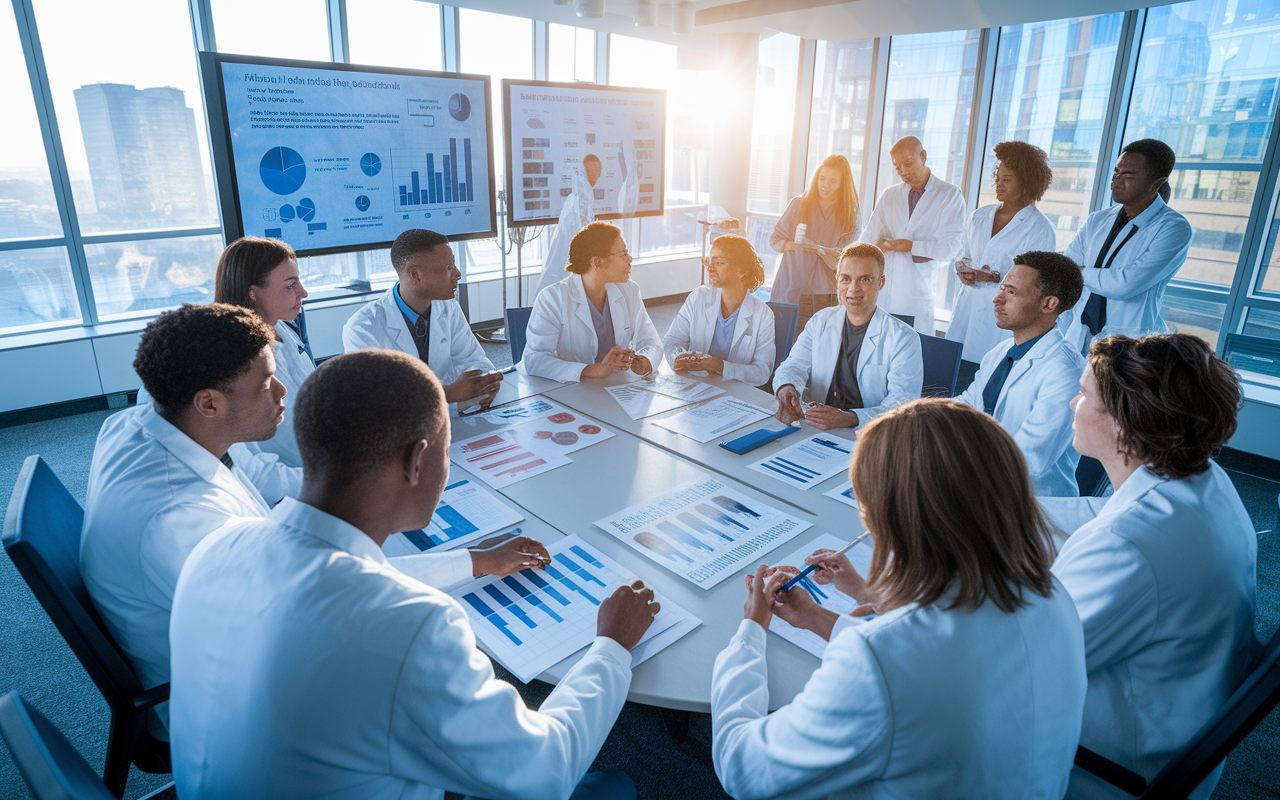 A well-lit conference room filled with a diverse group of medical professionals and students gathered around a large table, animatedly discussing clinical research findings. Charts and graphs are displayed on screens, and documents are spread across the table, highlighting the real-world applications of their research. The atmosphere is charged with collaboration and a sense of urgency, accentuated by the sunlight streaming through large windows. Cinematic lighting effect provides clarity and motivation, representing the imperative nature of clinical research.