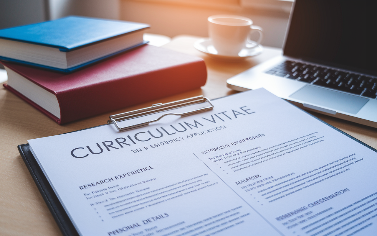 A close-up view of a well-organized curriculum vitae (CV) displayed on a desk, emphasizing sections on research experience, skills, and personal details. The background features a softly blurred scene of a study area filled with medical books and a laptop, symbolizing preparation for a residency application. The lighting is warm and inviting, creating an atmosphere of determined focus. The CV layout is visually appealing and organized, with headers clearly delineating the research accomplishments.