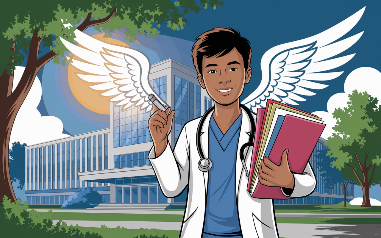 A motivational scene depicting a young medical student standing confidently in front of a sprawling hospital building, holding a stack of research papers in one hand and a stethoscope in the other. Sunlight filters through the trees nearby, creating a hopeful atmosphere. The student, wearing a lab coat, exudes determination and readiness to contribute to medical innovation. Wings of opportunity represented by the bright sky and open doors of the hospital symbolize a future filled with promise and engagement in healthcare.