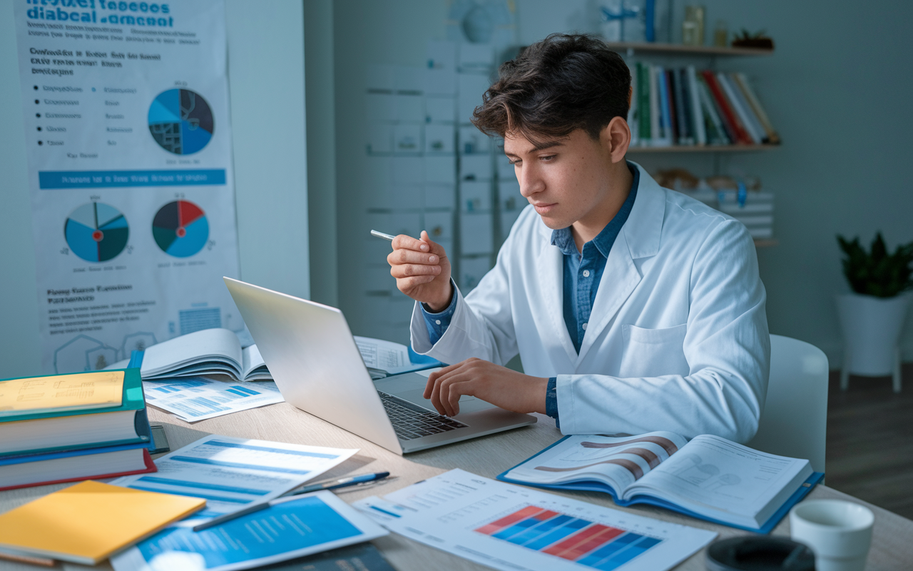 A young medical student in a lab coat, seated at a cluttered workstation with a laptop open, deeply engaged in analyzing complex statistical data related to diabetes management. The room has a calming atmosphere with soft white light illuminating medical textbooks, printed charts, and a cup of coffee. A poster about diabetes research hangs on the wall in the background, illustrating the student's commitment to their field.