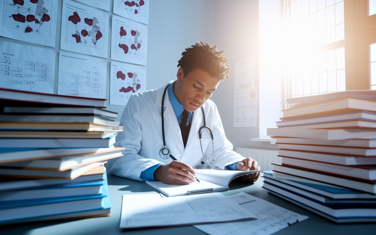 A medical student surrounded by piles of medical journals and clinical trial papers, intensely focused while taking notes in a well-lit oncology research room. Charts showing patient responses to treatment are pinned on the wall, highlighting their dedication. The scene conveys a strong sense of purpose and learning, with bright light streaming through a window, symbolizing clarity and hope in medical advancements.