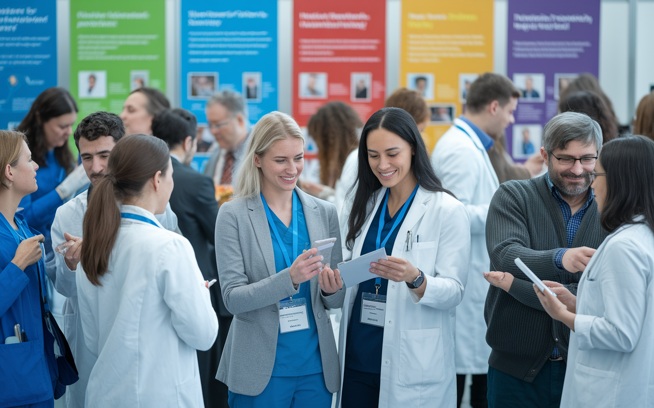 A vibrant scene at a medical research conference, with diverse healthcare professionals and medical students interacting enthusiastically. They are engaged in conversations, exchanging contact information, and discussing research findings in small groups. Colorful banners and posters about numerous medical studies enhance the background, infusing the environment with a sense of community and collaboration.