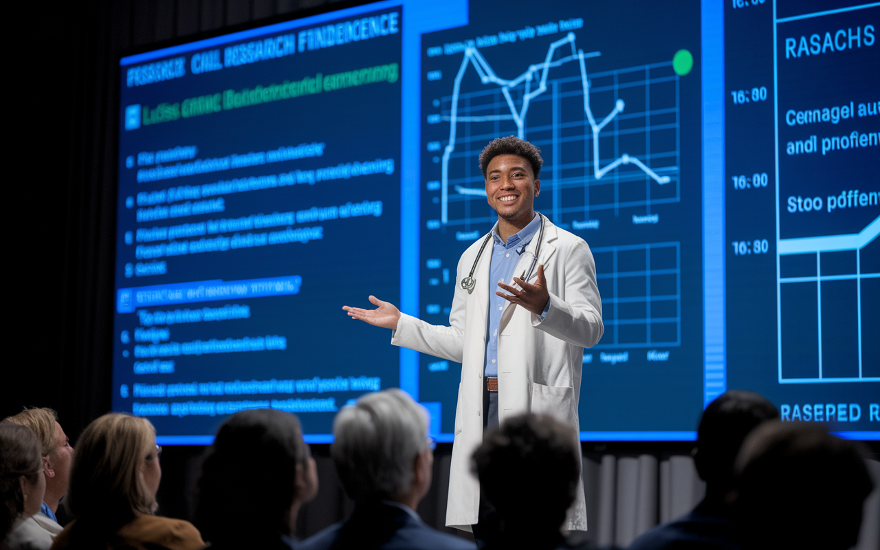 A confident medical student presenting research findings at a professional conference. The backdrop features a large screen displaying detailed graphs and study results, while an engaged audience looks on attentively. The student exudes enthusiasm and knowledge, illuminated by focused stage lighting, embodying the spirit of continuous learning and professional development.