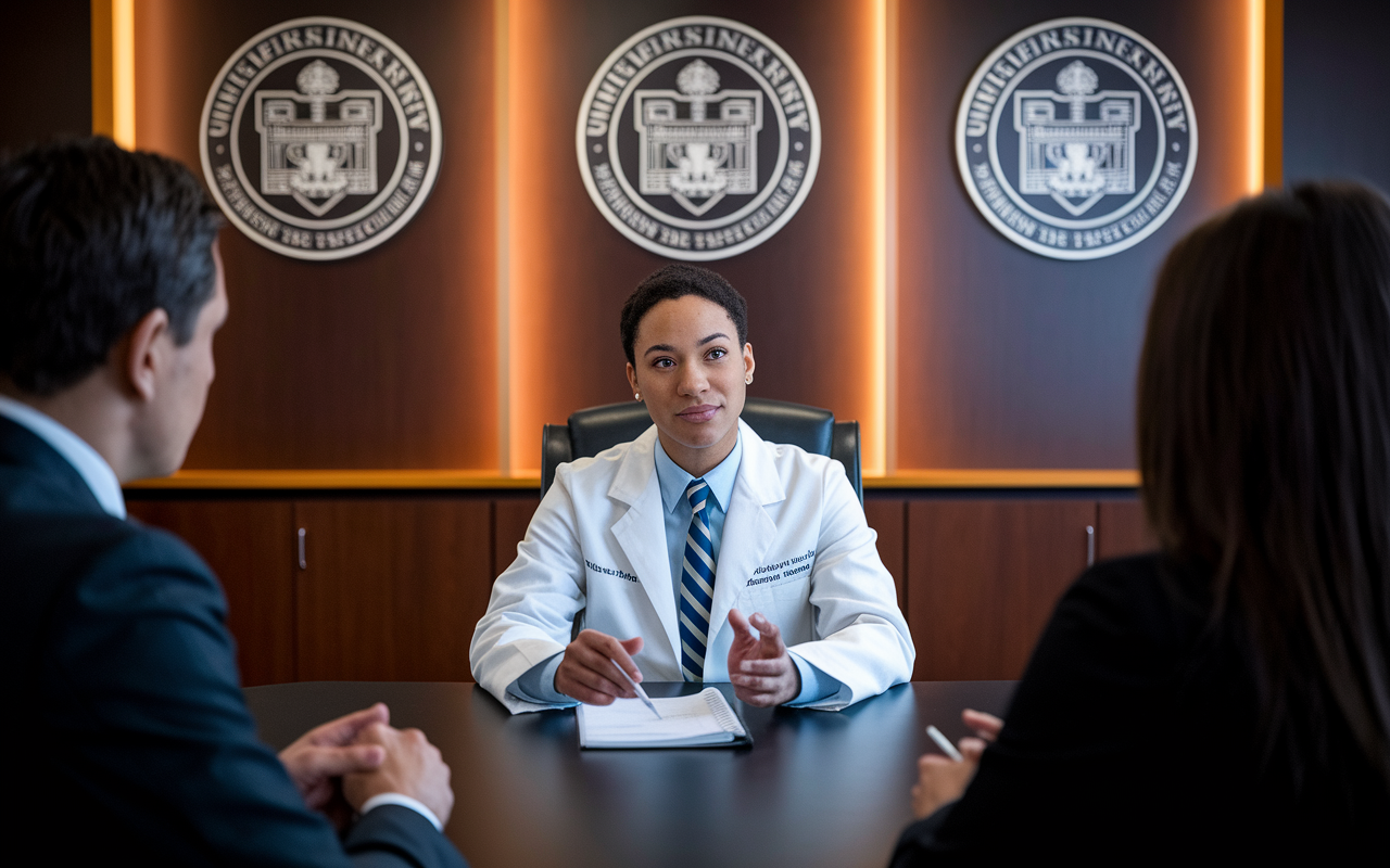 A medical candidate sitting in a formal interview room, discussing their research experience with a panel of residency program directors. The candidates' confident demeanor and prepared notes illustrate their extensive background in research within their specialty of interest. The room features warm lighting and university insignias, symbolizing professionalism and ambition.