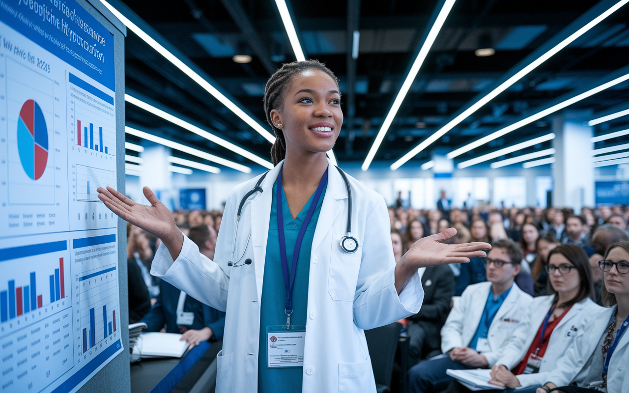 A confident young female doctor presenting research at a medical conference. She stands beside a large poster displaying graphs and data about a new hypertension medication. The audience, a mix of attentive fellow physicians and researchers, is engaged in discussion. The venue is modern, with bright lights and professional decor, conveying a serious yet dynamic atmosphere of knowledge sharing. Her expression is passionate and knowledgeable, showcasing her expertise.