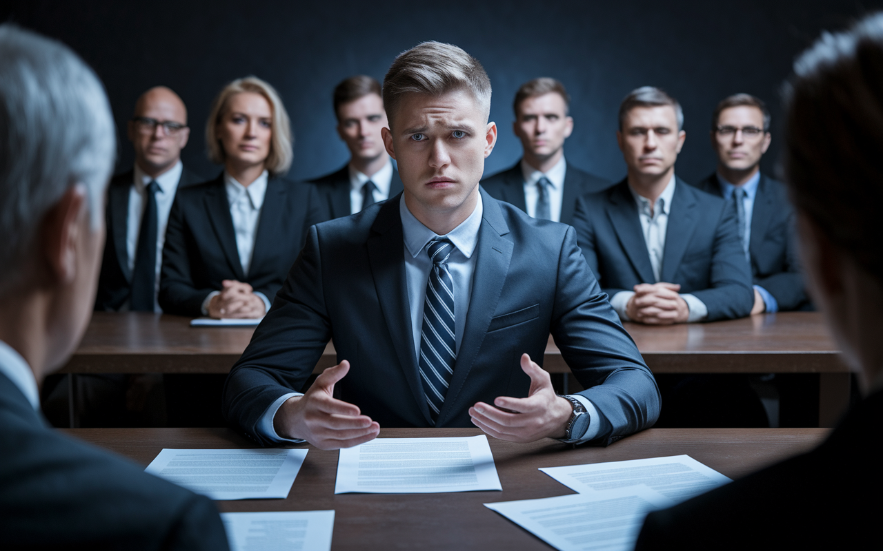 A young male doctor in a formal suit sitting across from an interview panel, looking anxious and uncertain. Personal papers and a printed CV are scattered on the table. The interviewers, a mix of senior professionals, sit with skeptical expressions. The room is dimly lit, adding intensity to the moment, emphasizing the overwhelming pressure of the residency interview. Dr. Mike's posture indicates nervousness while he attempts to explain his less impactful research.