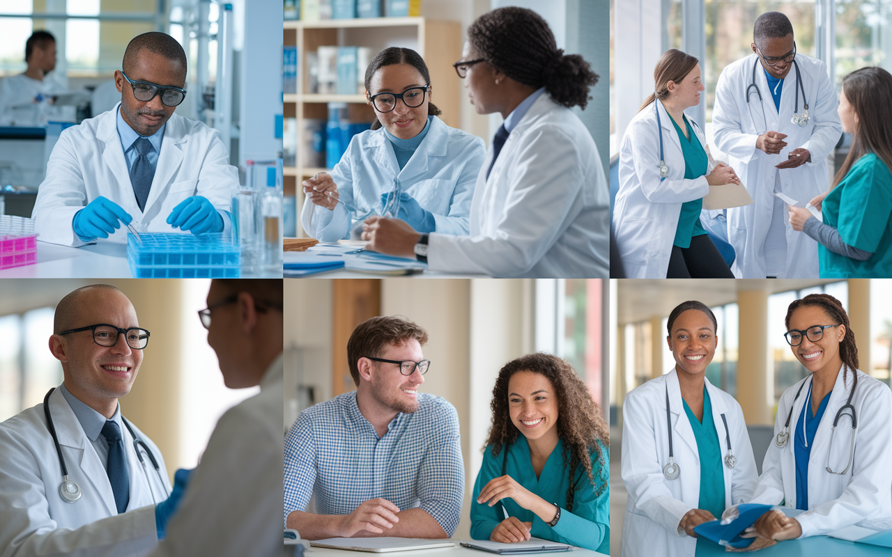 A collage of diverse medical research experiences, including a laboratory scene with a researcher conducting experiments, a clinical setting where researchers discuss patient outcomes, and a group of medical students collaborating on a community health project. Each scene conveys a sense of teamwork and dedication to advancing medical knowledge, with vibrant colors and a positive atmosphere. The collage is bright and engaging, showcasing both academic and practical aspects of medical research.