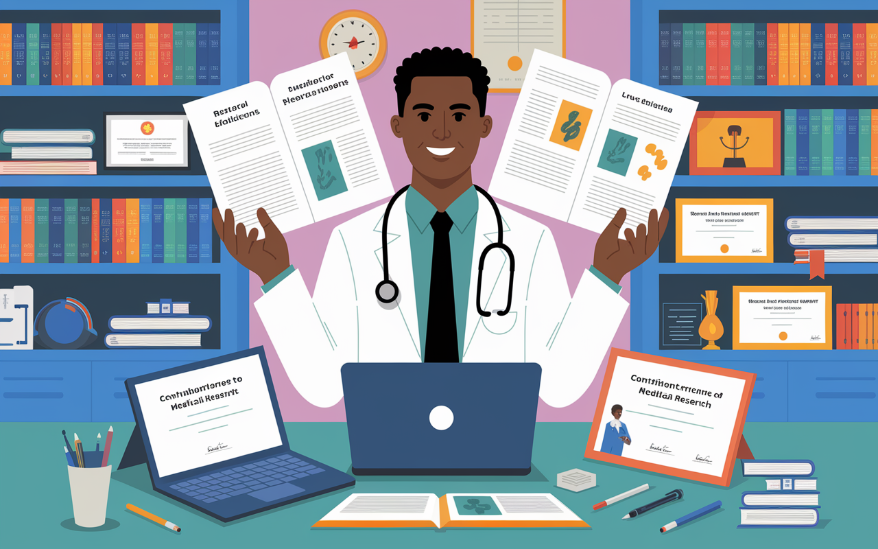 An illustration showing a medical graduate proudly showcasing their research publications, surrounded by awards and certificates on a desk adorned with medical equipment. The setting is a bright and cheerful office space filled with bookshelves of medical literature, a laptop open displaying their published articles, and framed certificates celebrating their contributions to medical research. The graduate, a confident Black male with a warm smile, radiates a sense of accomplishment and dedication, evoking pride in their academic journey.