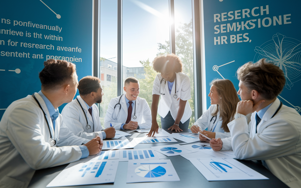 A dynamic scene of medical students brainstorming around a conference table, with charts and research papers spread out. The students represent diverse backgrounds, animatedly discussing their research ideas, highlighting teamwork and collaboration. A large window bathes the room in natural light, creating a positive and encouraging atmosphere. The walls are adorned with inspirational medical quotes and research-related visuals, conveying a sense of ambition and innovation within the medical field.