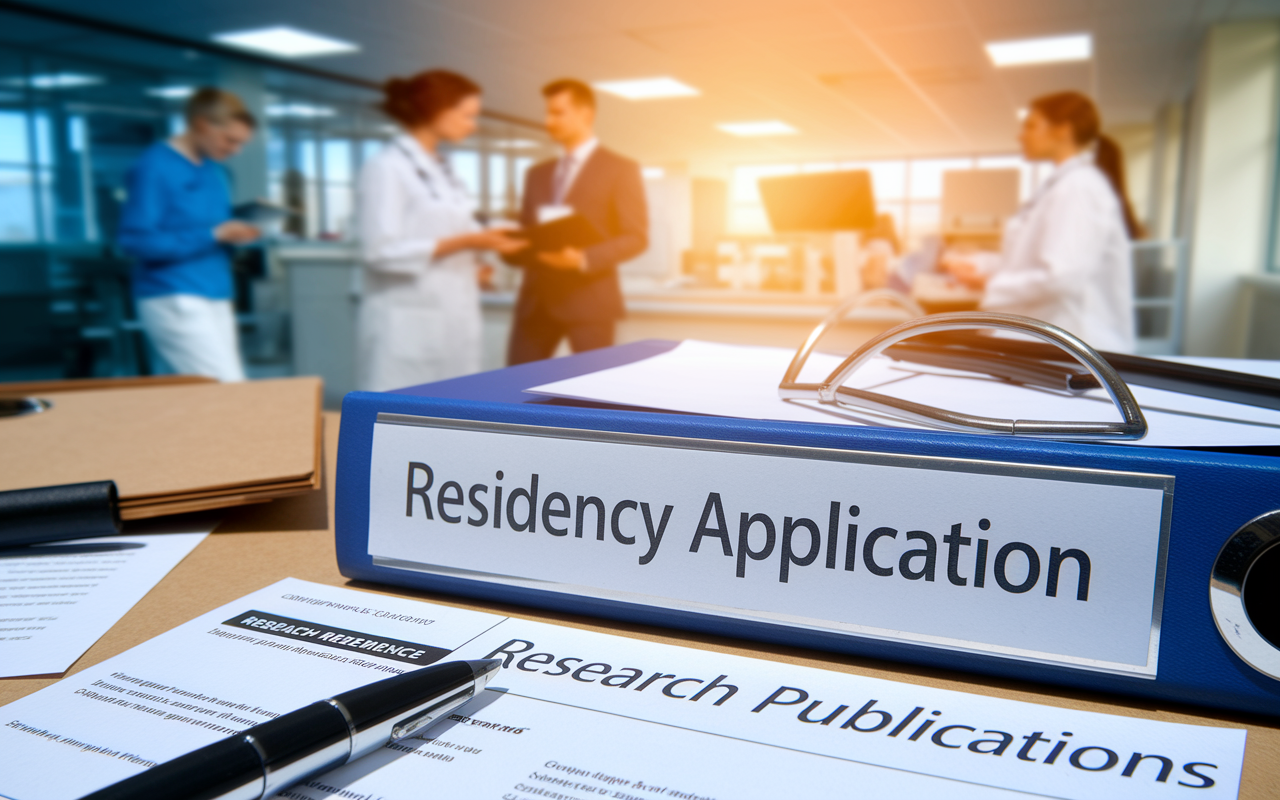 A close-up view of a residency application file on a desk, showcasing documents like CVs and research publications. The background features a blurred image of a busy hospital environment, with medical professionals in action. Warm sunlight highlights keywords like 'Research Experience' and 'Publications' on the application, symbolizing the significance of research in achieving residency goals.