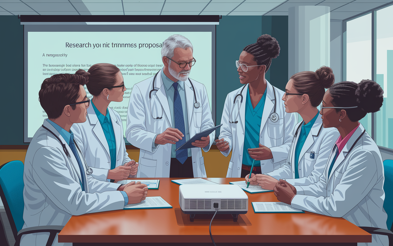 An artistic representation of a diverse group of medical students engaged in discussion with their mentor in a modern conference room. The mentor, a distinguished researcher, encourages questions while reviewing a research proposal displayed on a projector. The students exhibit a mix of curiosity and eagerness, illustrating the vibrant dynamic of mentorship in educational settings.