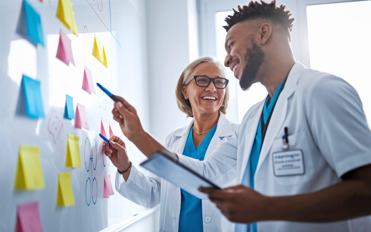 A captivating scene of a young medical student and mentor engaged in a brainstorming session over a whiteboard filled with colorful diagrams and notes. The mentor, an older woman with glasses, points to a diagram while the student, a passionate young man, eagerly nods and writes down ideas. Bright, dynamic lighting accentuates their enthusiasm and the collaborative spirit of the mentorship relationship.