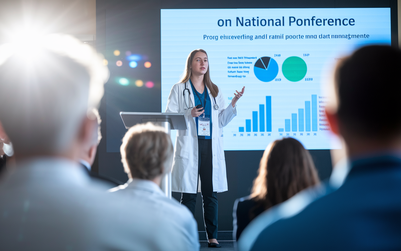 An inspiring scene showing Dr. Sarah, a young female doctor, presenting her research findings at a national conference. She stands at a podium, confidently speaking to an audience while a large screen behind her displays graphs and data on pain management. The room is filled with engaged medical professionals, and the lighting is bright, signifying a moment of achievement and recognition for her hard work under mentorship.