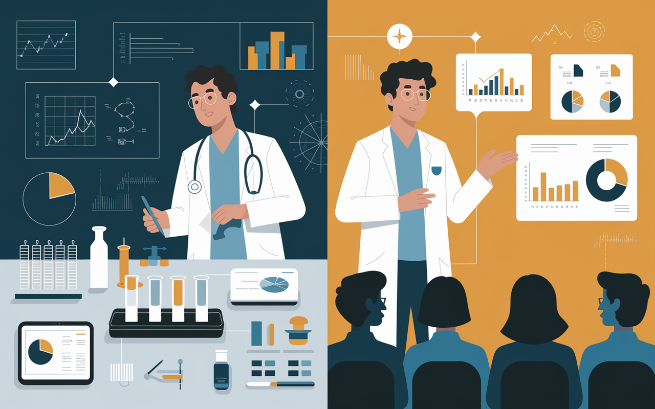 A split-scene illustration showing two sides: on the left, a medical student engaging in hands-on research in a contemporary lab, surrounded by medical equipment, data charts, and active experiments; on the right, the same student presenting findings at a medical conference, addressing an audience, with visuals like graphs and charts in the background. Warm and cool color tones representing excitement and professionalism, emphasizing the growth through research.