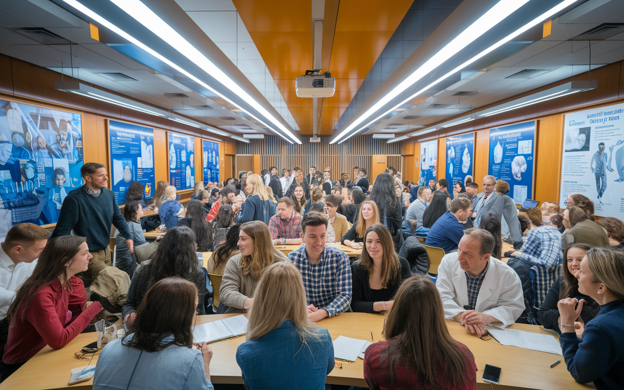 A vibrant university seminar room filled with students and faculty engaged in discussion. A diverse group of students chatting with professors, sharing ideas and exchanging contact information. The atmosphere is dynamic and collaborative, filled with posters showcasing various medical research themes on the walls. Bright overhead lights create a warm and inviting learning environment.