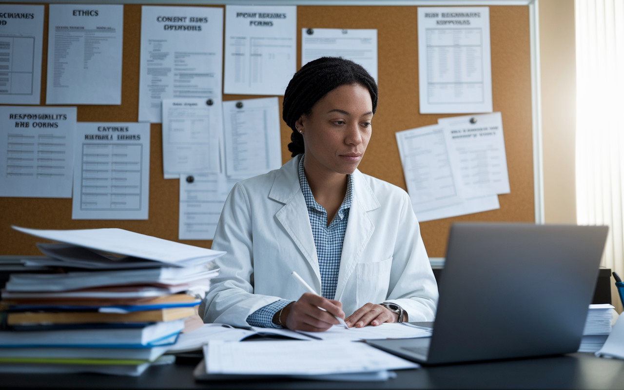 A dedicated researcher, seated at a desk piled with research papers and a laptop, diligently working on a research proposal. The background features a bulletin board cluttered with ethics guidelines, consent forms, and important resources for IRB approval. An ambiance of focus and responsibility is evident, with soft natural light coming through the window, suggesting a serious and scholarly atmosphere.