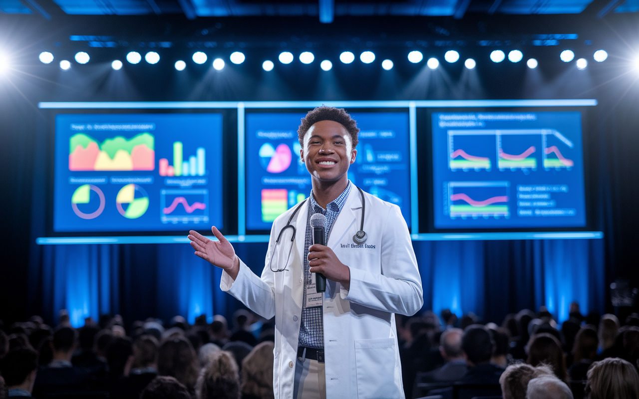 A confident medical student presenting their research findings at a well-attended medical conference. The background shows a large audience, with an engaging display of colorful graphics and charts projected on a screen. The student holds a microphone, passionately explaining data while projected visuals illustrate their research. Bright, focused lighting highlights the student, creating an atmosphere of achievement and academic excellence.