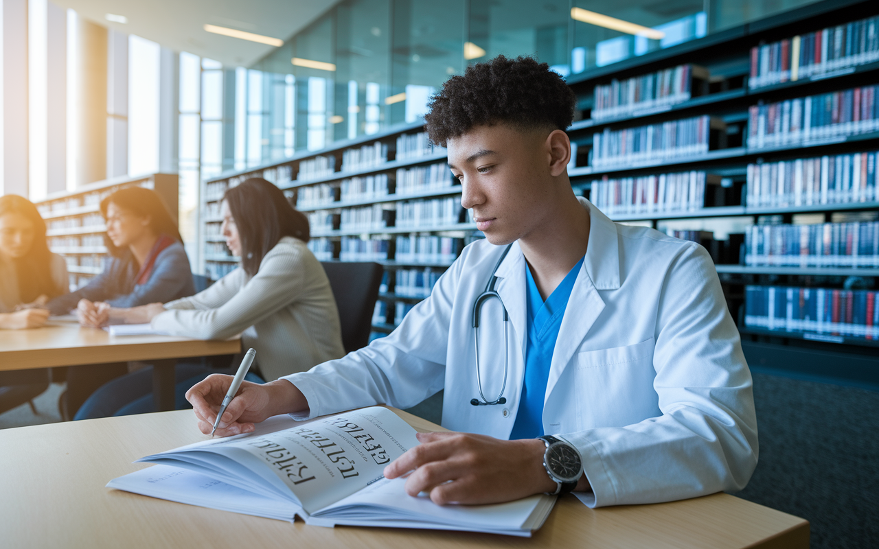 An engaged medical student reading a prominent medical journal, making notes in a modern library setting filled with shelves of academic literature. Soft, natural light streams in through tall windows, creating an inspiring study atmosphere. The student's focused expression highlights the importance of continuous learning and staying updated in medical research, surrounded by fellow students immersed in their own studies and discussions.