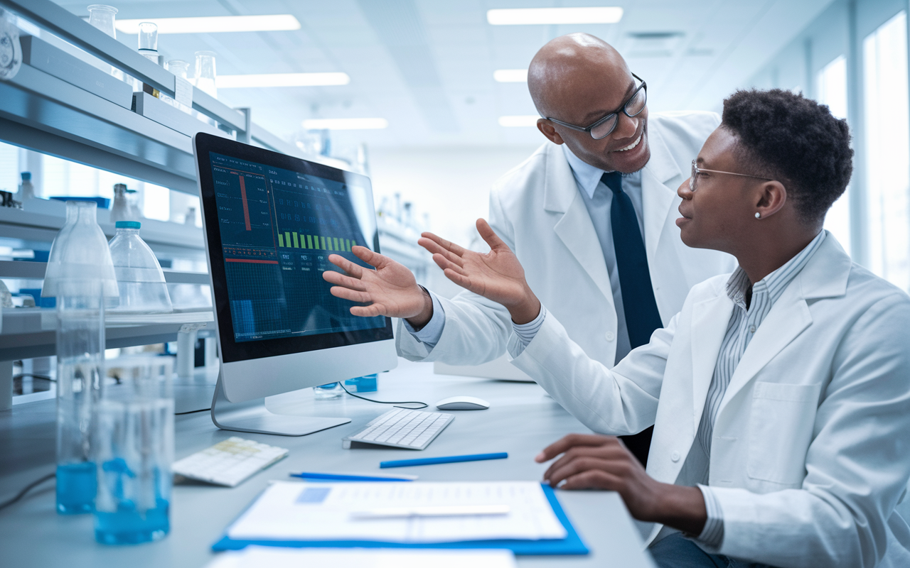 A thoughtful medical student passionately discussing research findings with a mentor in a well-equipped laboratory. The mentor, an experienced researcher, gestures while reviewing data on a computer screen, highlighting the collaborative spirit of medical research. The setting is bright and organized, showcasing a variety of scientific instruments and research papers. The emotion conveyed is one of inspiration and mentorship, symbolizing the importance of guidance in a medical career.