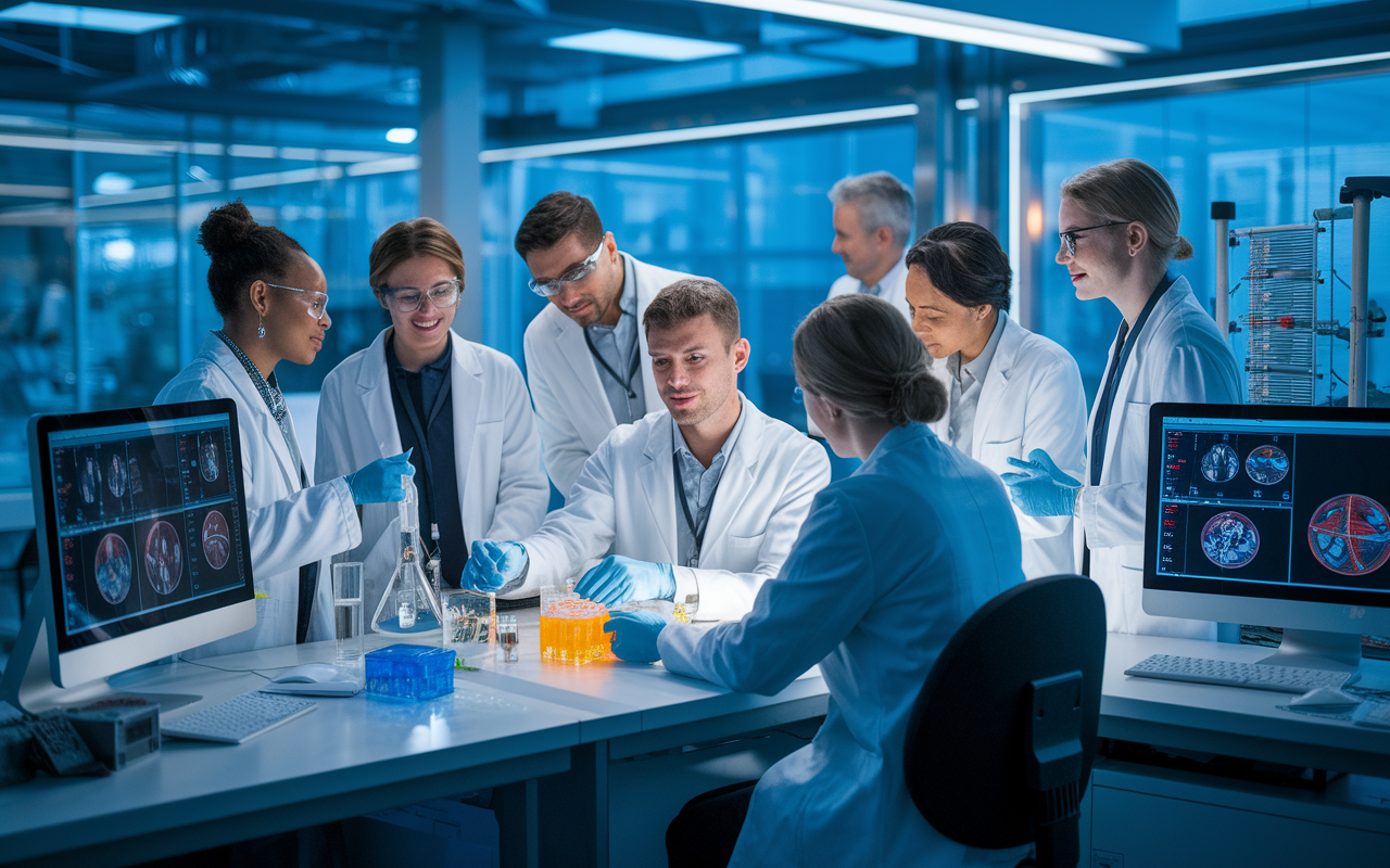 A diverse team of medical researchers collaborating in a high-tech laboratory, conducting experiments with state-of-the-art equipment. The environment is dynamic and technologically advanced, with computers displaying complex data and visualizations. Researchers are engaged in lively discussions, showcasing teamwork and interdisciplinary collaboration. The atmosphere is vibrant and energized, under soft, diffused lighting that emphasizes the innovation and creativity of research.