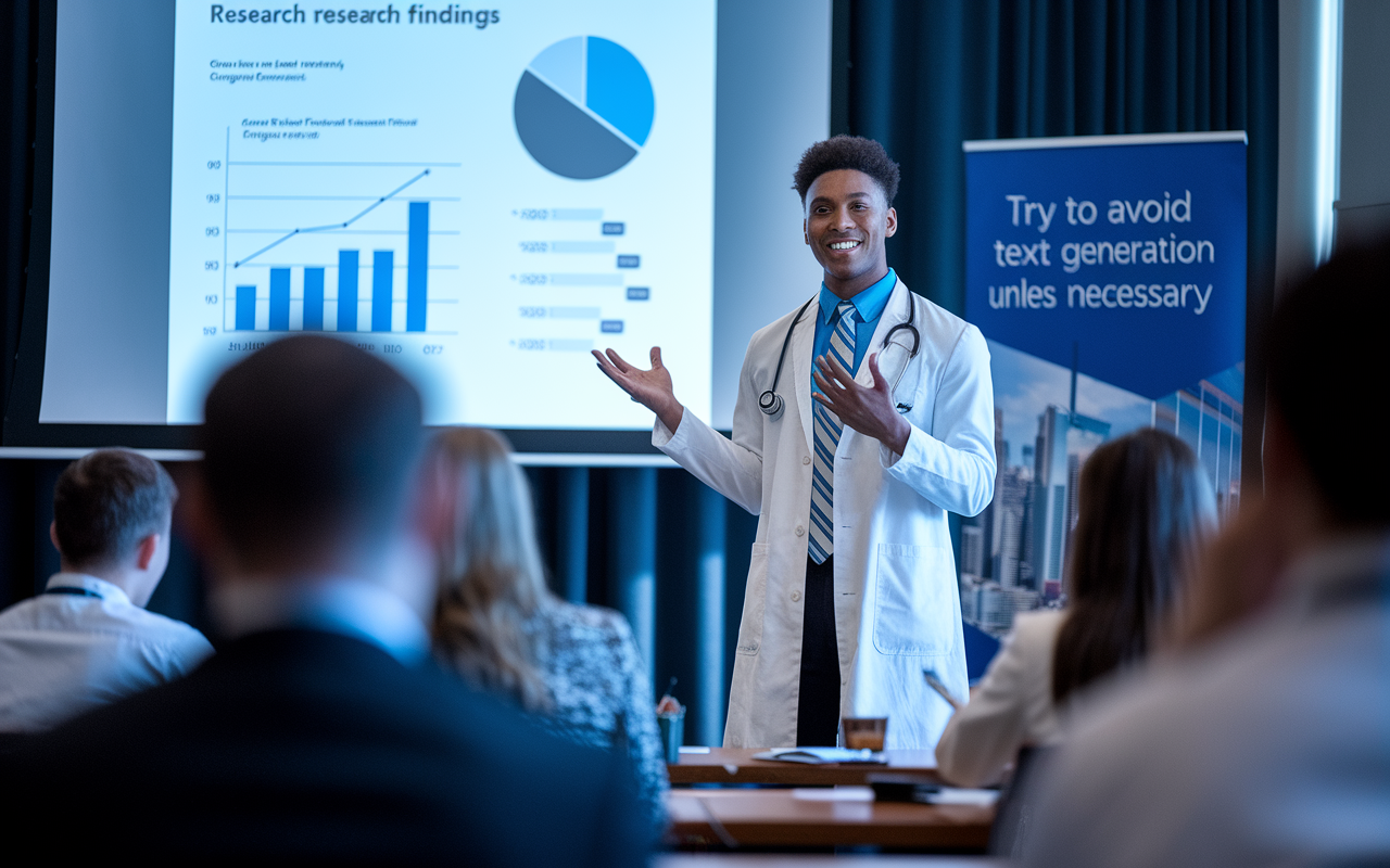 A confident medical student presenting research findings at a professional conference, standing in front of an audience. The presentation slide shows charts and data visuals, while attentive attendees take notes. The student gestures animatedly, displaying passion and engagement, with a backdrop of a conference banner. The setting reflects a professional environment with dimmed lights and focus on the speaker.