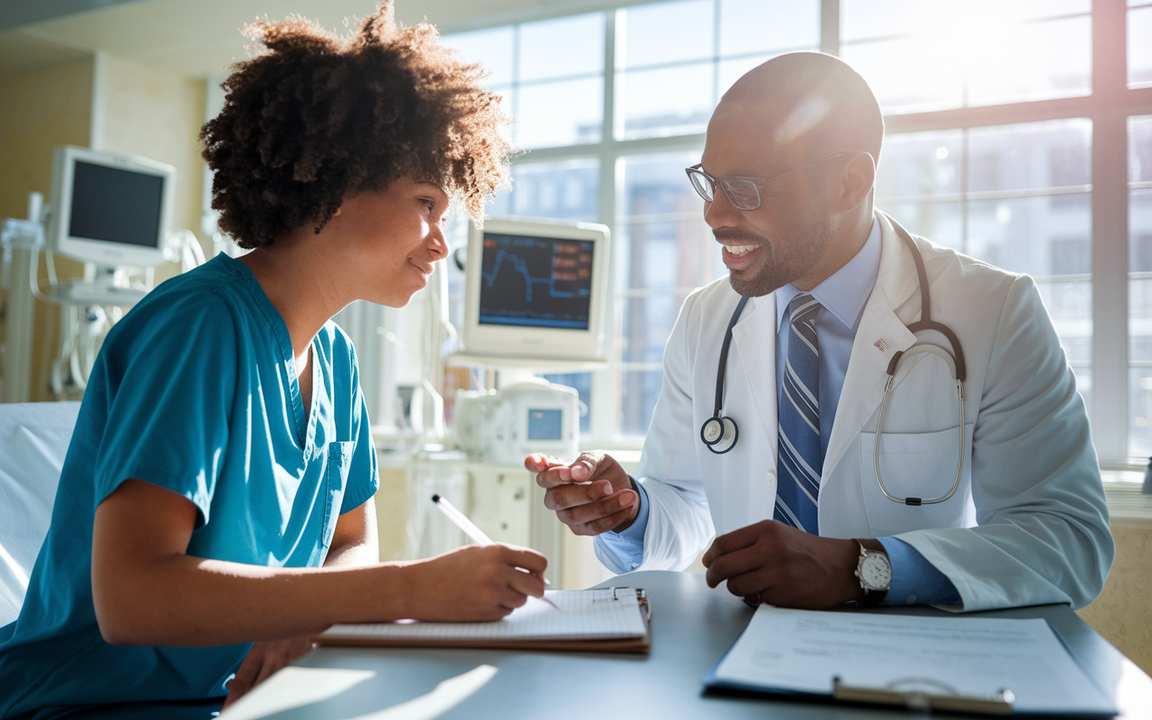 An engaging scene in a hospital environment where a medical student and an attending physician are having an in-depth conversation in front of a patient’s chart. The physician is pointing at the chart while the student eagerly takes notes, showcasing active learning. The room is bright with sunlight streaming through the window, reflecting a warm and encouraging atmosphere. The details of medical equipment and patient care in the background highlight the seriousness and significance of building professional relationships in medicine.