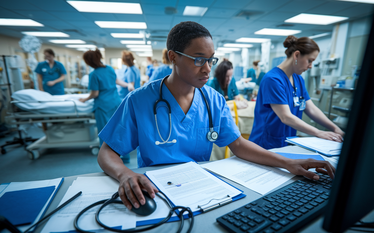 A focused medical student in blue scrubs analyzing a patient’s records on a computer in a busy internal medicine ward. Surrounding them are medical charts, stethoscopes, and equipment, while nurses perform tasks nearby. The lighting is bright and clinical, creating a sense of urgency and dedication. The atmosphere is filled with activity, indicating the robust learning environment typical of an internal medicine clerkship.