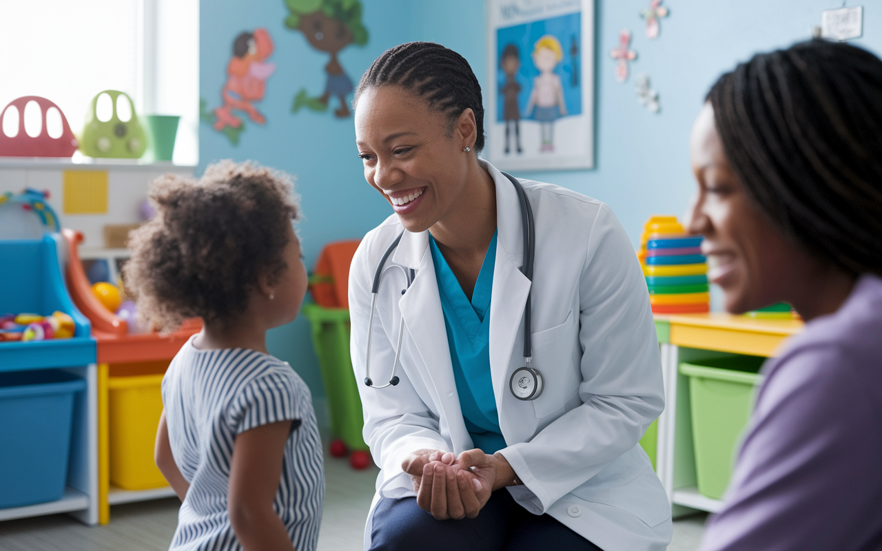 A joyful pediatrician interacting with a young patient in a colorful and cheerful clinic room filled with toys and children's artwork. The pediatrician is on eye-level with the child, smiling warmly, creating an atmosphere of comfort and trust. The lighting is soft and inviting, enhancing the positive and nurturing environment typical of a pediatrics clerkship. Nearby, a parent watches, reflecting a scene of family-centered care.