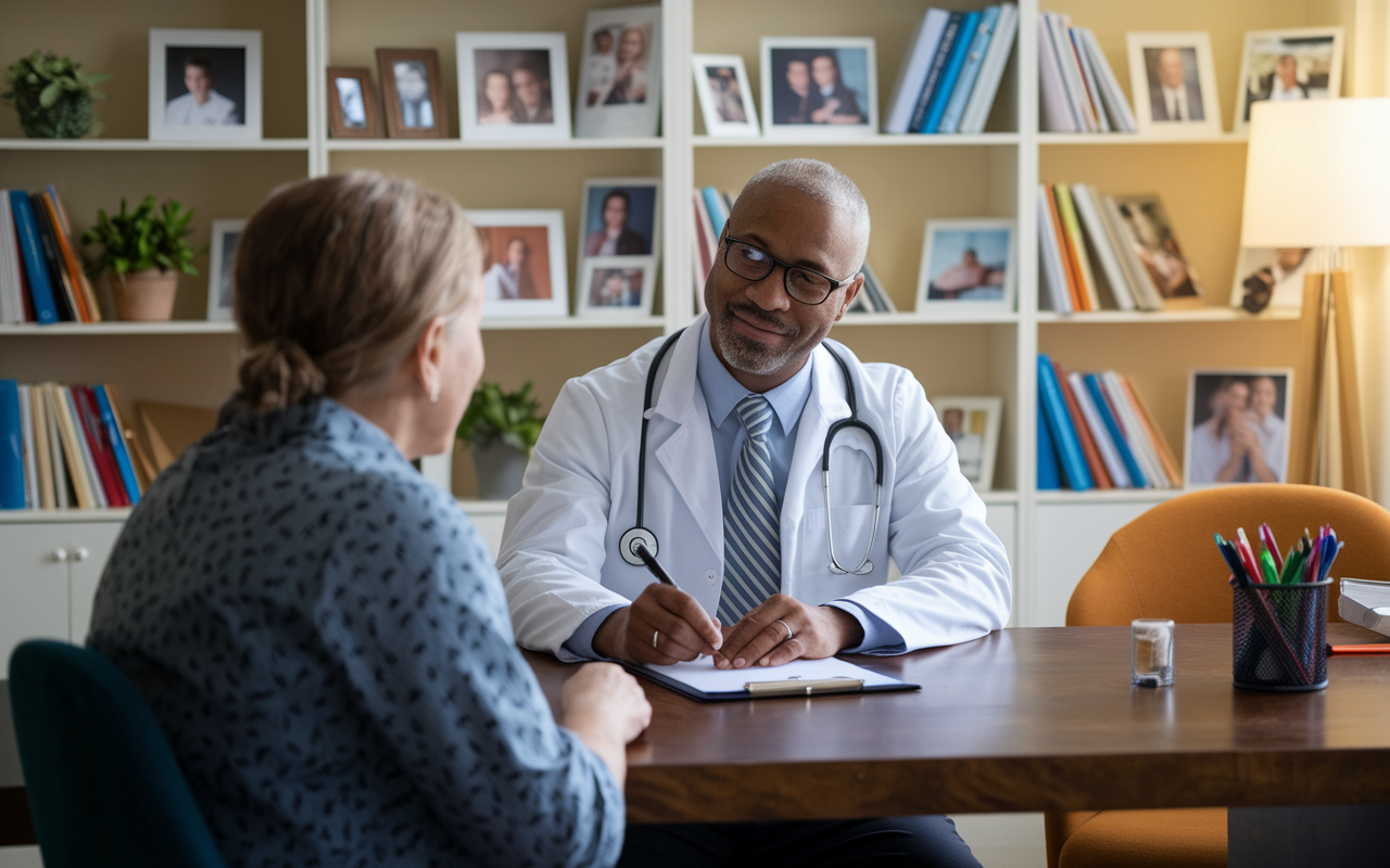 A compassionate family physician conducting a follow-up visit with a patient in a serene office packed with family photos and medical charts. The physician is sitting down, attentively listening to the patient's concerns while making notes in a file. The office is warmly lit, conveying a welcoming and supportive atmosphere that emphasizes the trust and long-term relationship typical of family medicine. This scene showcases the personal touch at the heart of patient care.