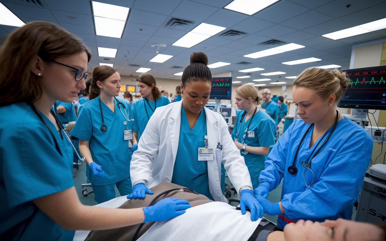 A dynamic scene in a bustling emergency room where medical students are triaging patients, with one student focused on assessing a critical case. The environment is filled with medical teams actively discussing cases, and monitors displaying vital signs in the background. The bright overhead lights create an atmosphere of urgency and teamwork, illustrating the high-pressure yet impactful nature of an emergency medicine clerkship.