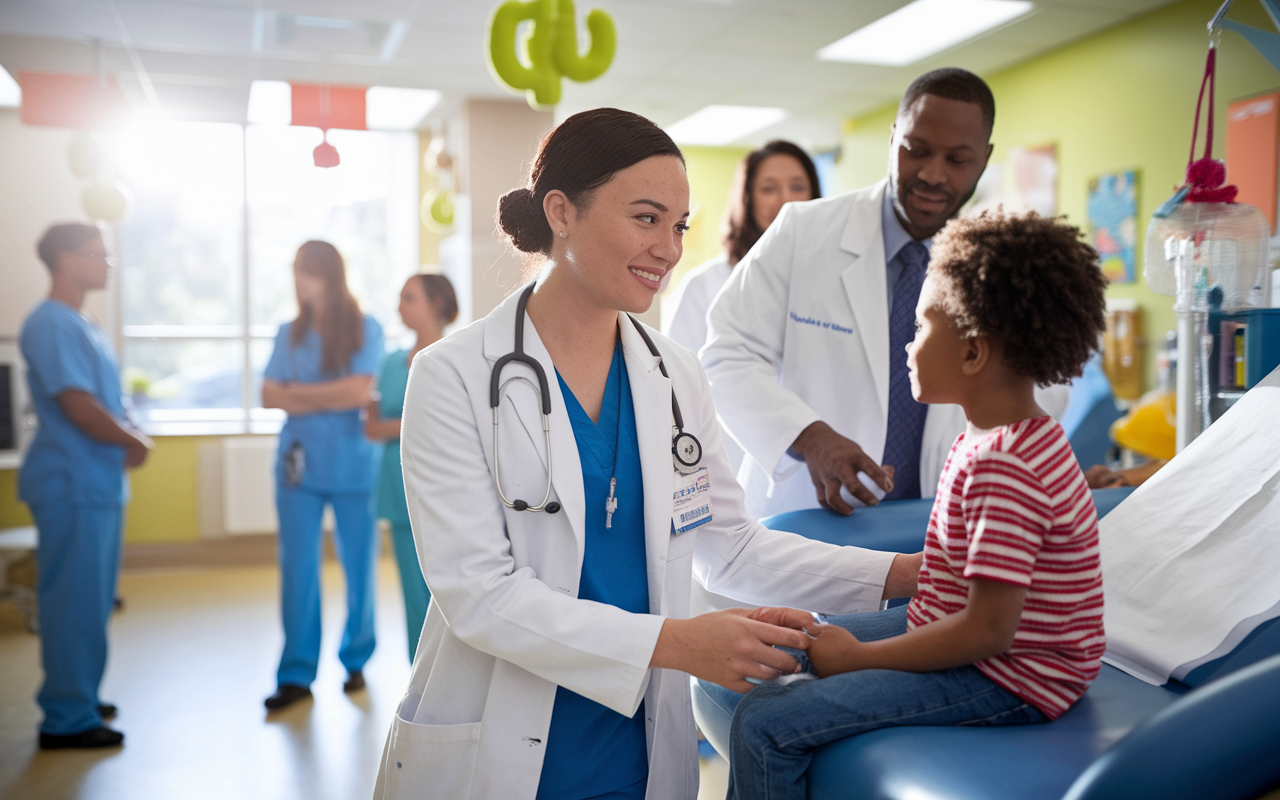 A pediatric clerkship scene at a bright, bustling children’s hospital. A medical student, engaged and compassionate, interacts with a young patient in a colorful examination room filled with fun decorations. The healthcare professionals, including an attending physician, provide guidance in the background, fostering a nurturing environment. Natural light floods the space, creating a warm, inviting atmosphere, while the student demonstrates attentiveness and curiosity.