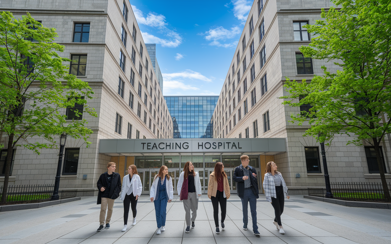 An external view of a prestigious urban teaching hospital, showcasing a blend of modern architecture and historic buildings. The vibrant city life buzzes around, with students walking briskly towards the entrance, some stopping to chat. The sky is clear and bright, symbolizing opportunities, while the surrounding trees and greenery add a refreshing touch to the bustling environment, representing the balance between work and lifestyle.