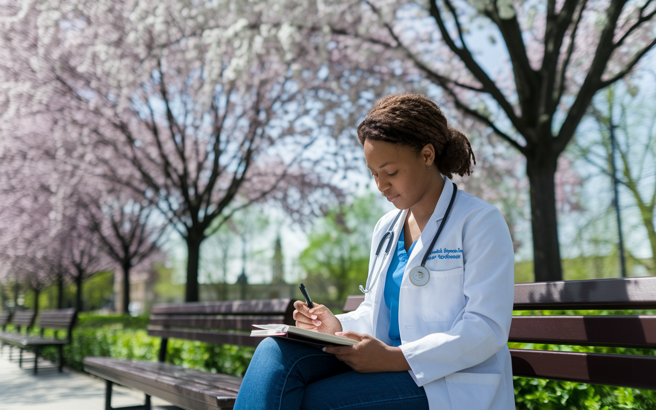 A dedicated medical student sits on a park bench with a journal open, reflecting on their clerkship experience. They are surrounded by trees in full bloom, symbolizing growth and learning, as they jot down important insights and emotions. The sunlight filters through the leaves, creating a serene and peaceful atmosphere conducive to introspection, showcasing a balance between academic rigor and personal reflection.