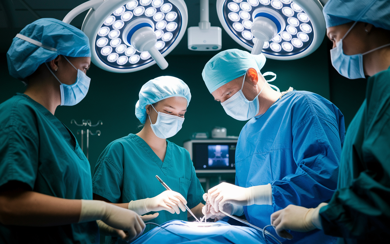 An action-packed scene in a surgical operating room where a medical student, dressed in scrubs and a surgical mask, observes a complex procedure under the guidance of an experienced surgeon. The intensive atmosphere highlights teamwork and precision. Bright surgical lights illuminate the operating table, reflecting the student's focused expressions and the professionalism of the staff, signifying the essence of surgical training.