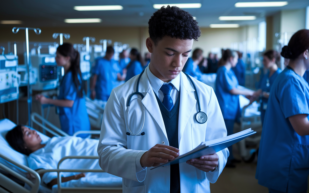 An earnest medical student in a white coat, intently examining charts in a bustling hospital ward. The room is busy with nurses attending to patients, and soft ambient lighting creates a focused atmosphere. Various medical equipment is seen around, symbolizing the complexity of patient care. Emotions reflect determination and dedication as the student prepares to interact with patients.