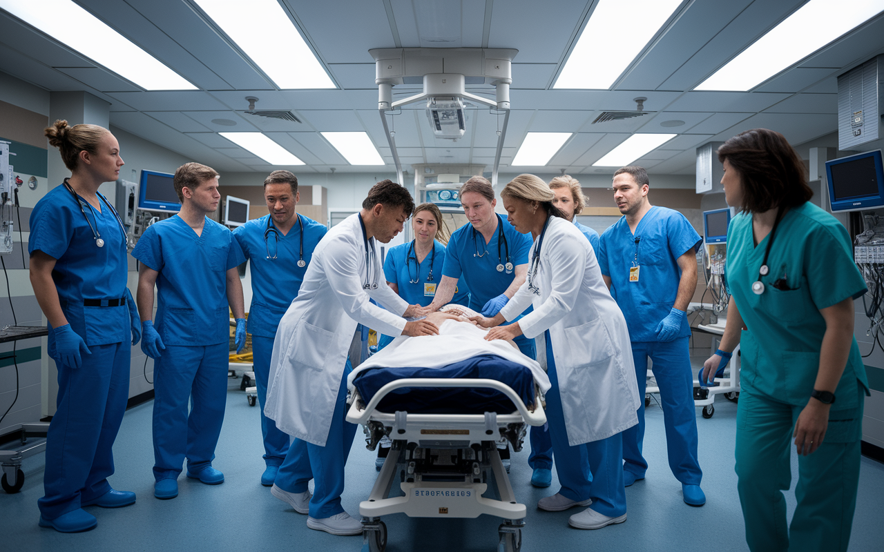 A dynamic scene in an emergency room, showcasing a diverse medical team responding to a critical situation. The environment is intense, filled with bright fluorescent lights and equipment beeping. Doctors and nurses are working in concert, efficiently attending to a patient on a stretcher. The expressions of urgency and focused professionalism highlight the fast-paced nature of emergency medicine.