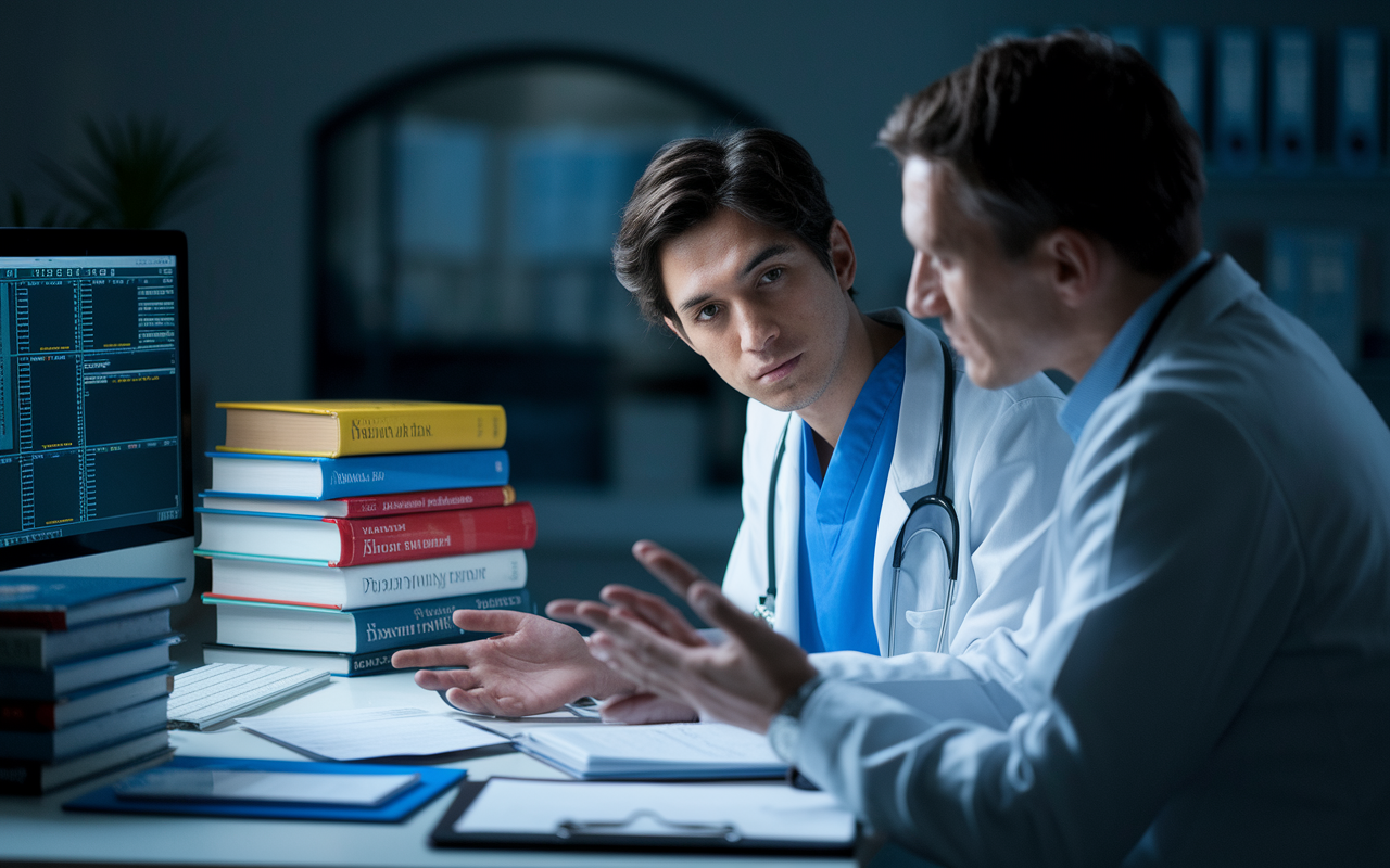 A focused scene in a medical office where a medical student is attentively receiving feedback from a supervising physician. The dimly lit room is filled with medical books stacked on the table and a computer displaying patient data. Expressions of engagement and a desire to learn are evident on both faces. The atmosphere is professional and nurturing, illustrating the mentorship aspect of medical education.