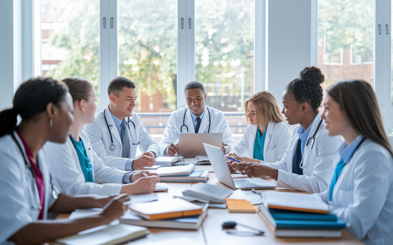 An inspiring image of a diverse group of medical students engaging in a collaborative study session. They are seated around a large table littered with textbooks, laptops, and notes. The bright, inviting study room is filled with large windows allowing natural light to illuminate their focused faces as they exchange ideas and support each other in their learning process.