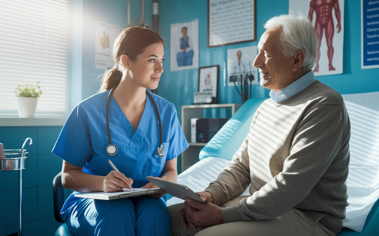 A young female medical student in scrubs is consulting with an elderly male patient in an exam room, surrounded by charts and medical equipment. The student displays a thoughtful expression as she takes notes, emphasizing strong communication. Sunlight filters through the window, casting soft shadows and creating a calm atmosphere. The room is filled with medical posters and a welcoming ambiance, reflecting a caring environment for patient interaction.