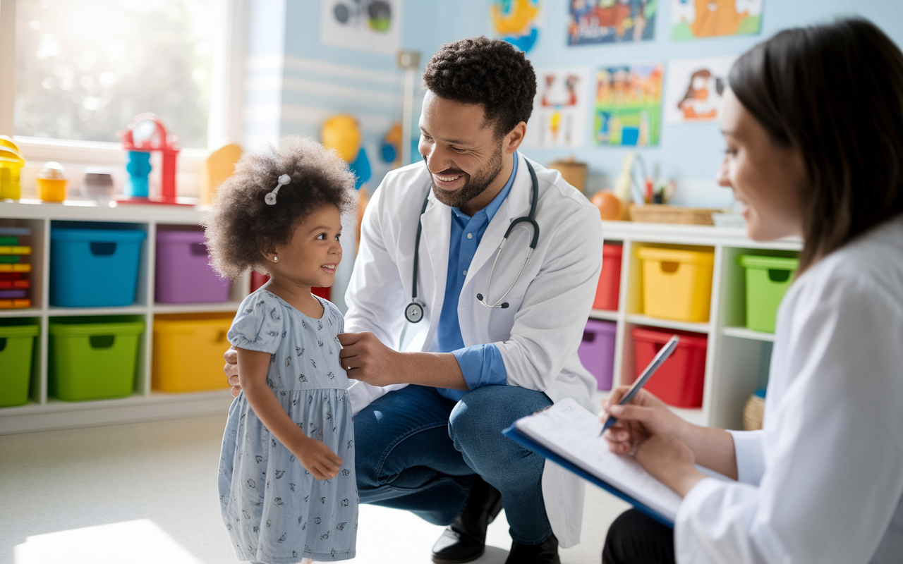 A friendly pediatrician kneeling beside a young child in a bright, colorful examination room filled with toys and children's artwork. The pediatrician is smiling and engaging the child in conversation, while a medical student observes and takes notes. The atmosphere is warm and welcoming, with natural light streaming in, creating a sense of care and comfort in pediatric health.